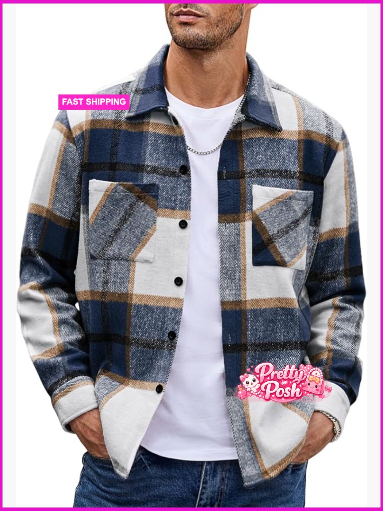 Men's Flannel Button Down Shirt Jacket With Pockets